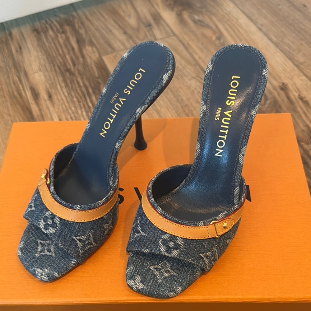 Louis Vuitton Blue Tan Heels with Iconic Monogram
